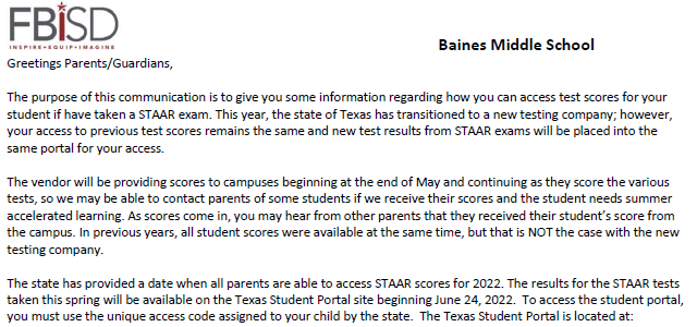 Parent Access to STAAR Scores